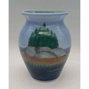 SRP Studio Pottery Vase Signed Blue Island Rocks Pine Trees